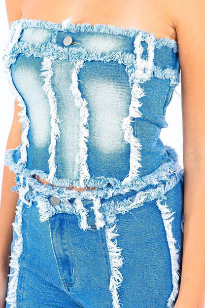 American Bazi Frayed Edge Denim Corset Top - VILLA FASHION