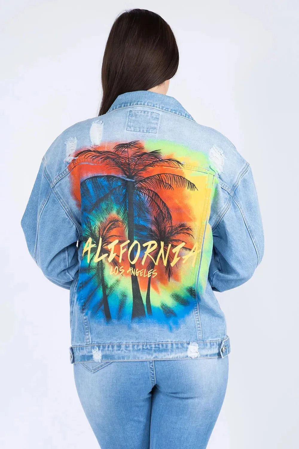 American Bazi Full Size Painted Back Distressed Denim Jacket - VILLA FASHION