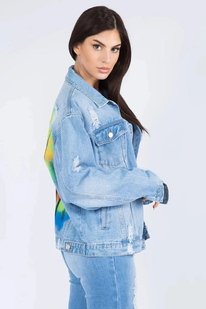 American Bazi Full Size Painted Back Distressed Denim Jacket - VILLA FASHION