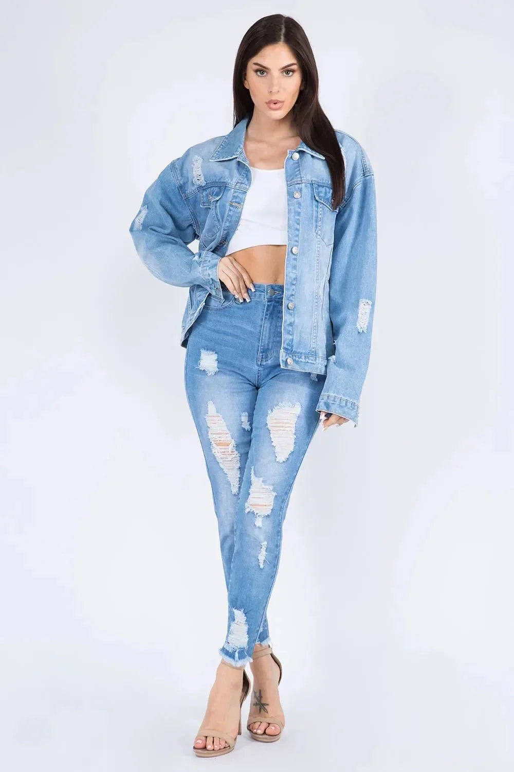 American Bazi Full Size Painted Back Distressed Denim Jacket - VILLA FASHION