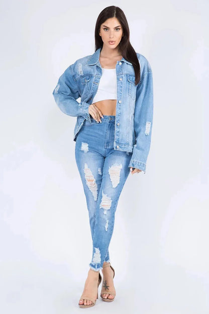 American Bazi Full Size Painted Back Distressed Denim Jacket - VILLA FASHION