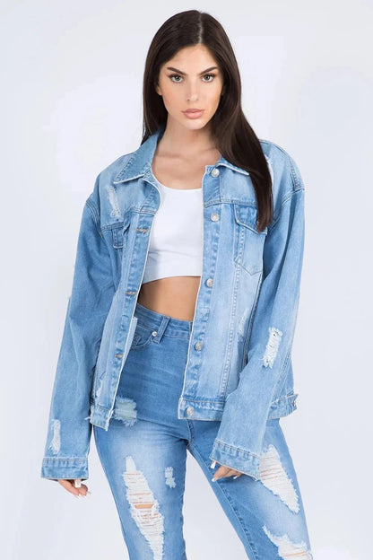 American Bazi Full Size Painted Back Distressed Denim Jacket - VILLA FASHION