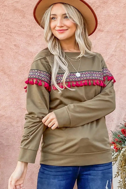 And The Why Ethnic Ribbon Tassel Trim Top - VILLA FASHION