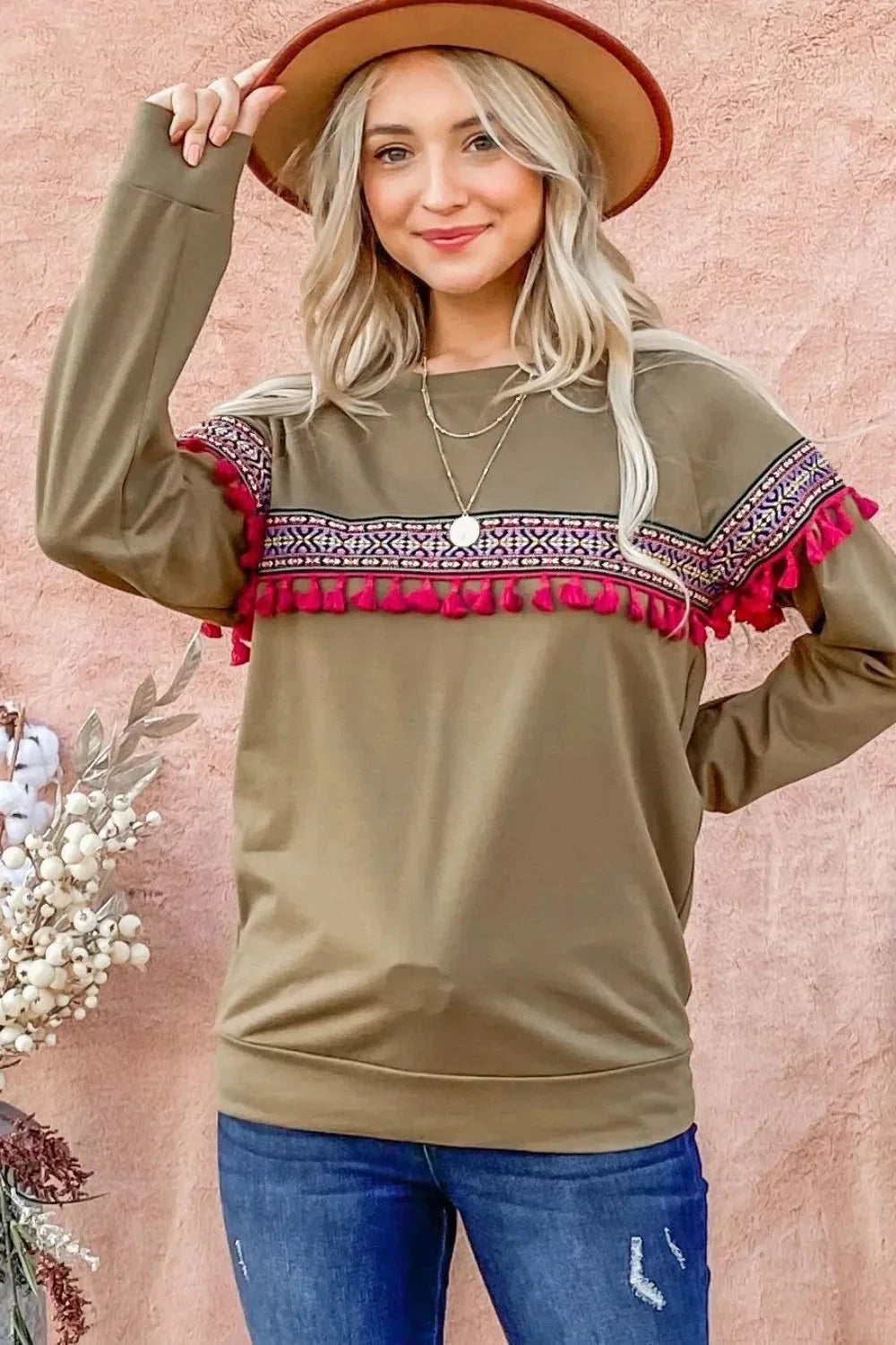 And The Why Ethnic Ribbon Tassel Trim Top - VILLA FASHION