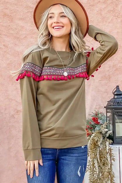 And The Why Ethnic Ribbon Tassel Trim Top - VILLA FASHION