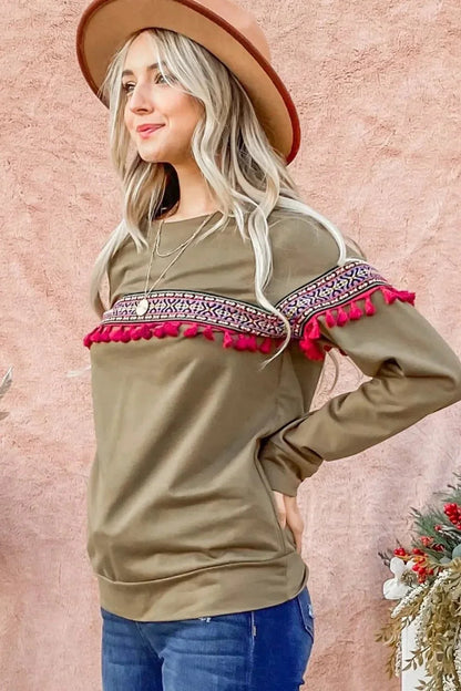 And The Why Ethnic Ribbon Tassel Trim Top - VILLA FASHION