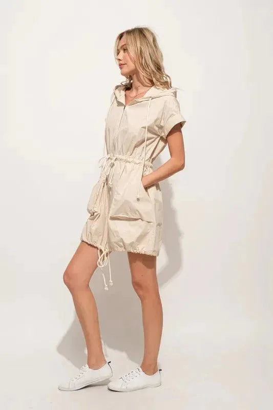 And The Why Short Sleeve String Details Hooded Mini Dress - VILLA FASHION
