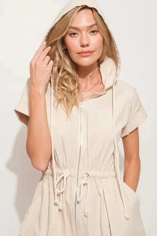 And The Why Short Sleeve String Details Hooded Mini Dress - VILLA FASHION