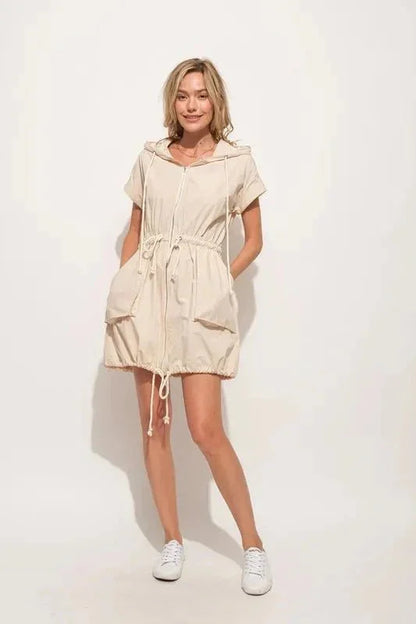 And The Why Short Sleeve String Details Hooded Mini Dress - VILLA FASHION