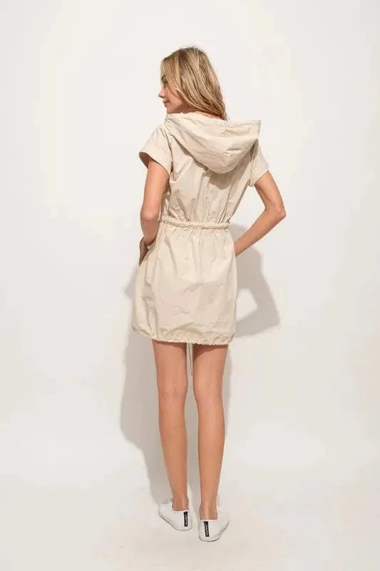 And The Why Short Sleeve String Details Hooded Mini Dress - VILLA FASHION