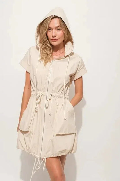 And The Why Short Sleeve String Details Hooded Mini Dress - VILLA FASHION