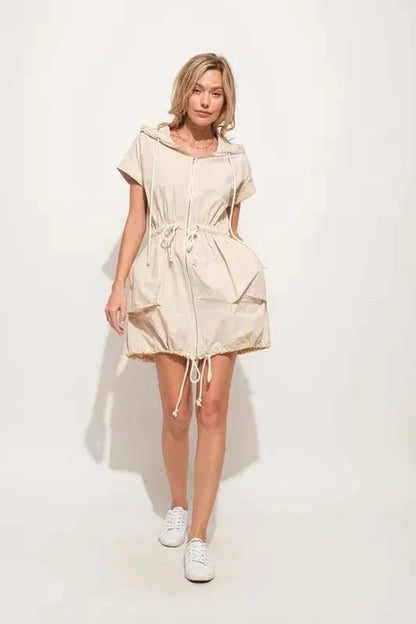 And The Why Short Sleeve String Details Hooded Mini Dress - VILLA FASHION