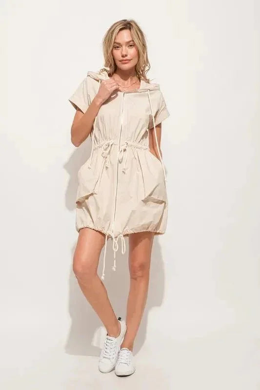 And The Why Short Sleeve String Details Hooded Mini Dress - VILLA FASHION