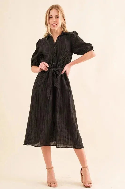And The Why Waffle Textured Ribbon Waist Midi Dress - VILLA FASHION