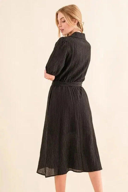 And The Why Waffle Textured Ribbon Waist Midi Dress - VILLA FASHION