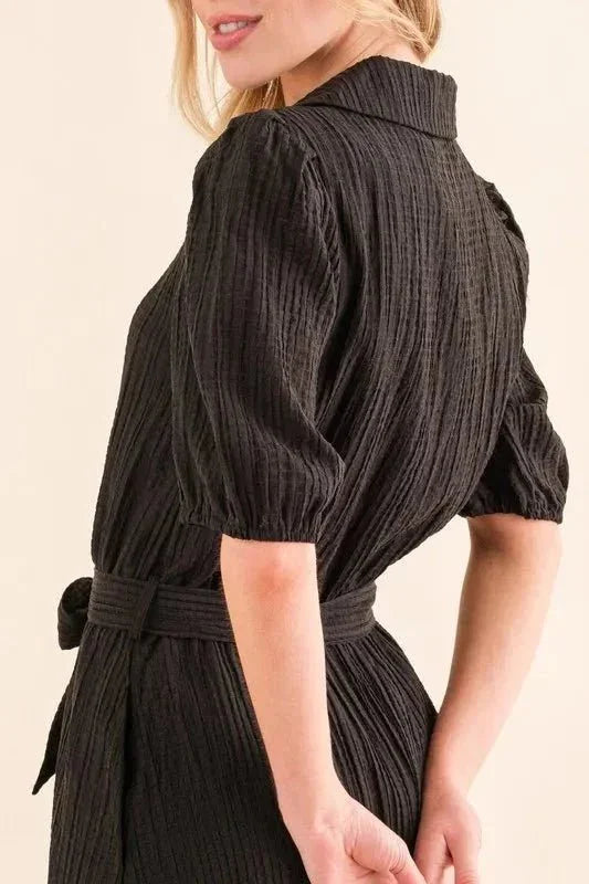 And The Why Waffle Textured Ribbon Waist Midi Dress - VILLA FASHION