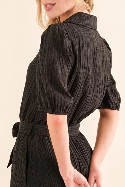 And The Why Waffle Textured Ribbon Waist Midi Dress - VILLA FASHION