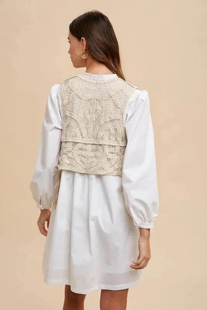 Annie Wear Crochet Vest Notched Long Sleeve Shirt Dress - VILLA FASHION