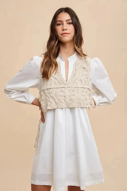 Annie Wear Crochet Vest Notched Long Sleeve Shirt Dress - VILLA FASHION