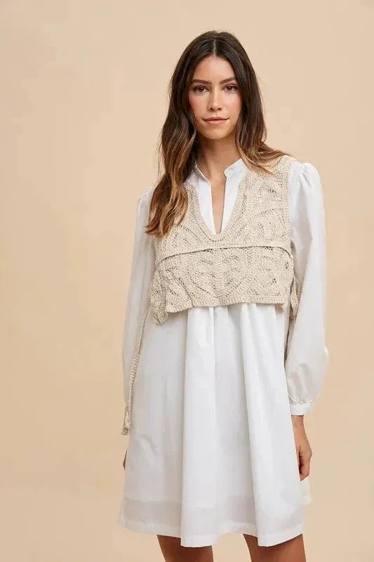 Annie Wear Crochet Vest Notched Long Sleeve Shirt Dress - VILLA FASHION