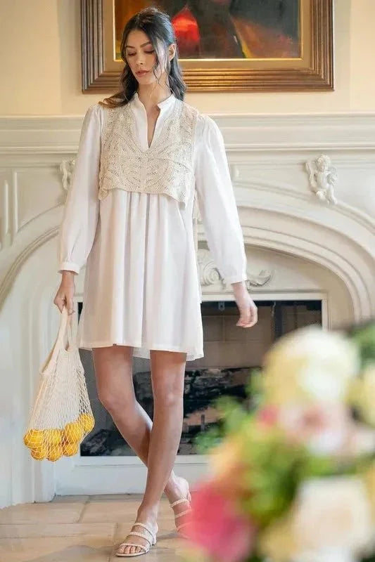 Annie Wear Crochet Vest Notched Long Sleeve Shirt Dress - VILLA FASHION