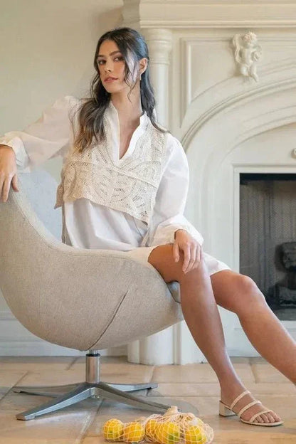 Annie Wear Crochet Vest Notched Long Sleeve Shirt Dress - VILLA FASHION