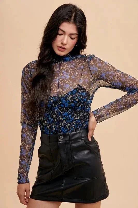 Annie Wear Floral Lettuce Hem Sheer Mesh Top - VILLA FASHION