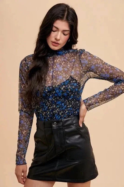 Annie Wear Floral Lettuce Hem Sheer Mesh Top - VILLA FASHION