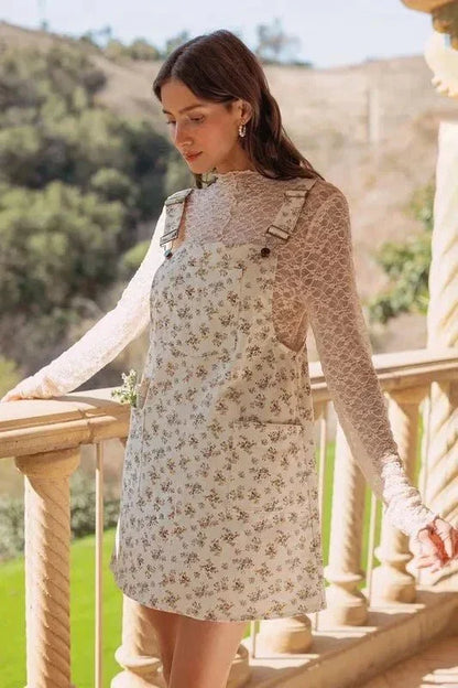 Annie Wear Stretch Ditsy Print Denim Overall Mini Dress - VILLA FASHION