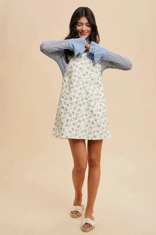 Annie Wear Stretch Ditsy Print Denim Overall Mini Dress - VILLA FASHION