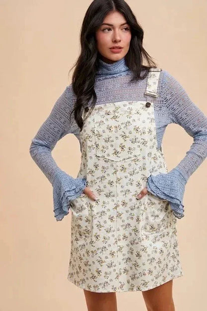 Annie Wear Stretch Ditsy Print Denim Overall Mini Dress - VILLA FASHION