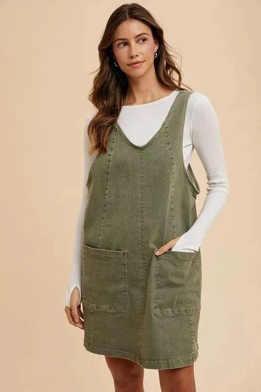 Annie Wear V - Neck Adjustable Strap Denim Overall Dress with Pockets - VILLA FASHION