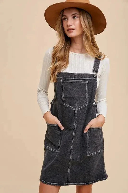 Annie Wear Wide Strap Denim Overall Dress with Pockets - VILLA FASHION