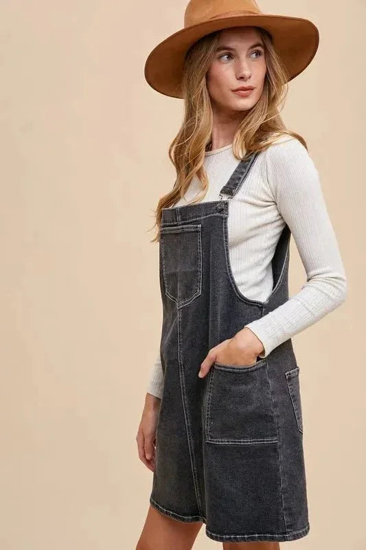 Annie Wear Wide Strap Denim Overall Dress with Pockets - VILLA FASHION