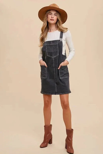 Annie Wear Wide Strap Denim Overall Dress with Pockets - VILLA FASHION