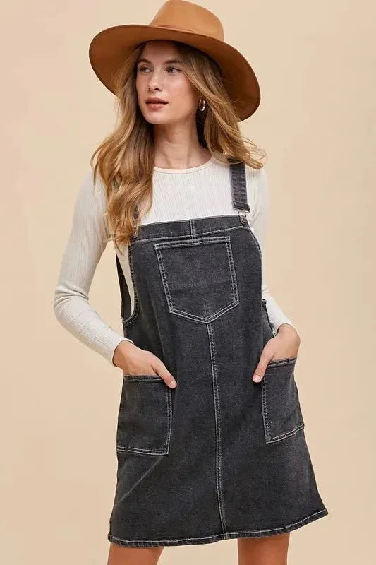 Annie Wear Wide Strap Denim Overall Dress with Pockets - VILLA FASHION