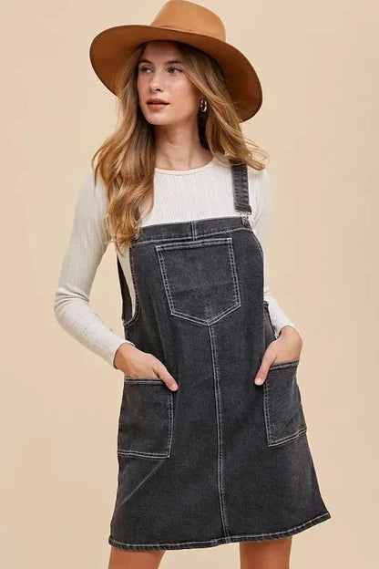 Annie Wear Wide Strap Denim Overall Dress with Pockets - VILLA FASHION