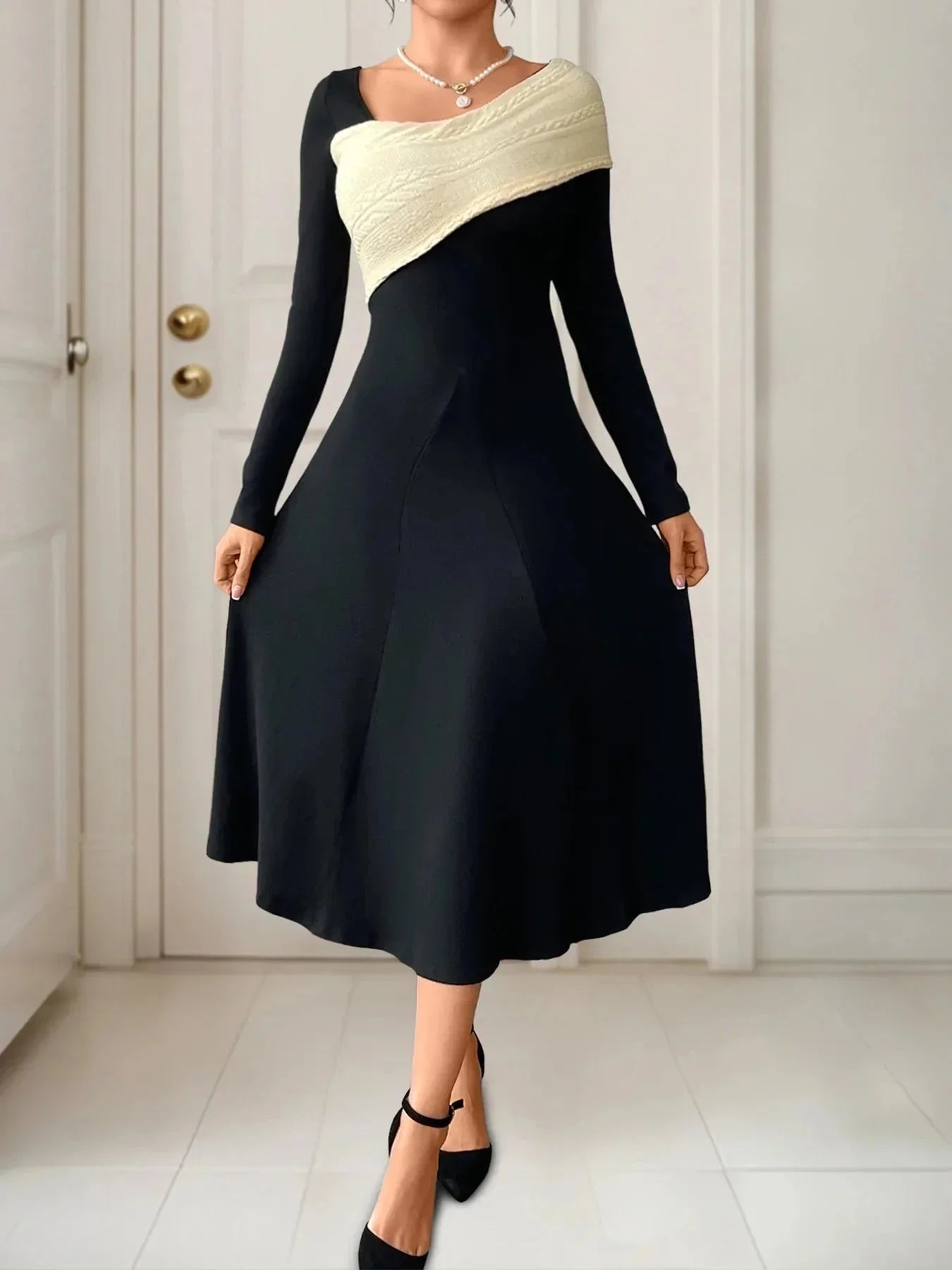 Asymmetrical Contrast Long Sleeve Dress - VILLA FASHION