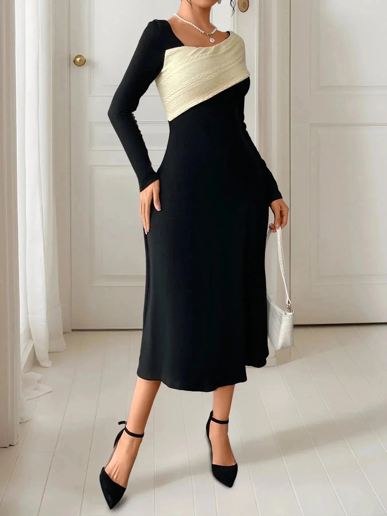 Asymmetrical Contrast Long Sleeve Dress - VILLA FASHION