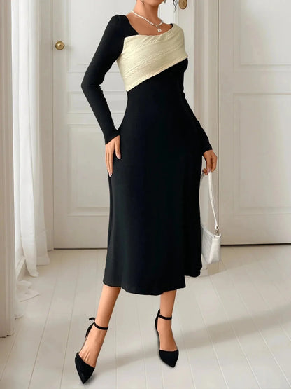 Asymmetrical Contrast Long Sleeve Dress - VILLA FASHION