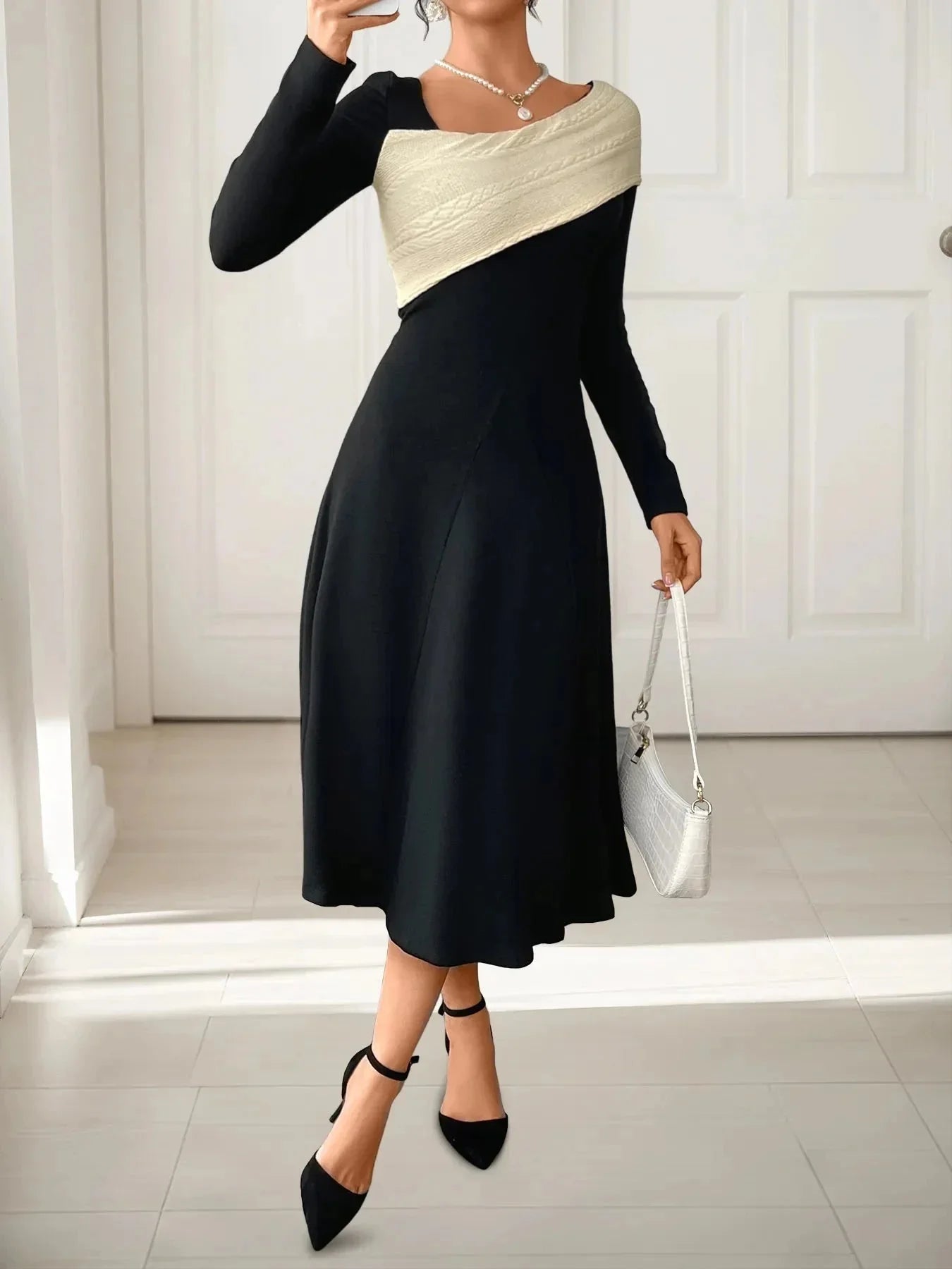 Asymmetrical Contrast Long Sleeve Dress - VILLA FASHION