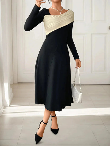 Asymmetrical Contrast Long Sleeve Dress - VILLA FASHION
