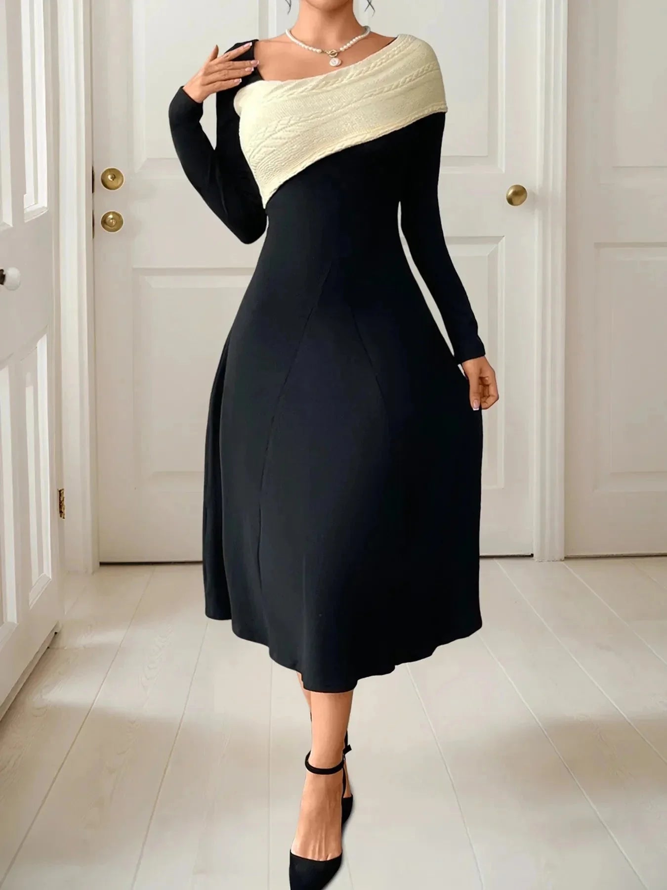 Asymmetrical Contrast Long Sleeve Dress - VILLA FASHION