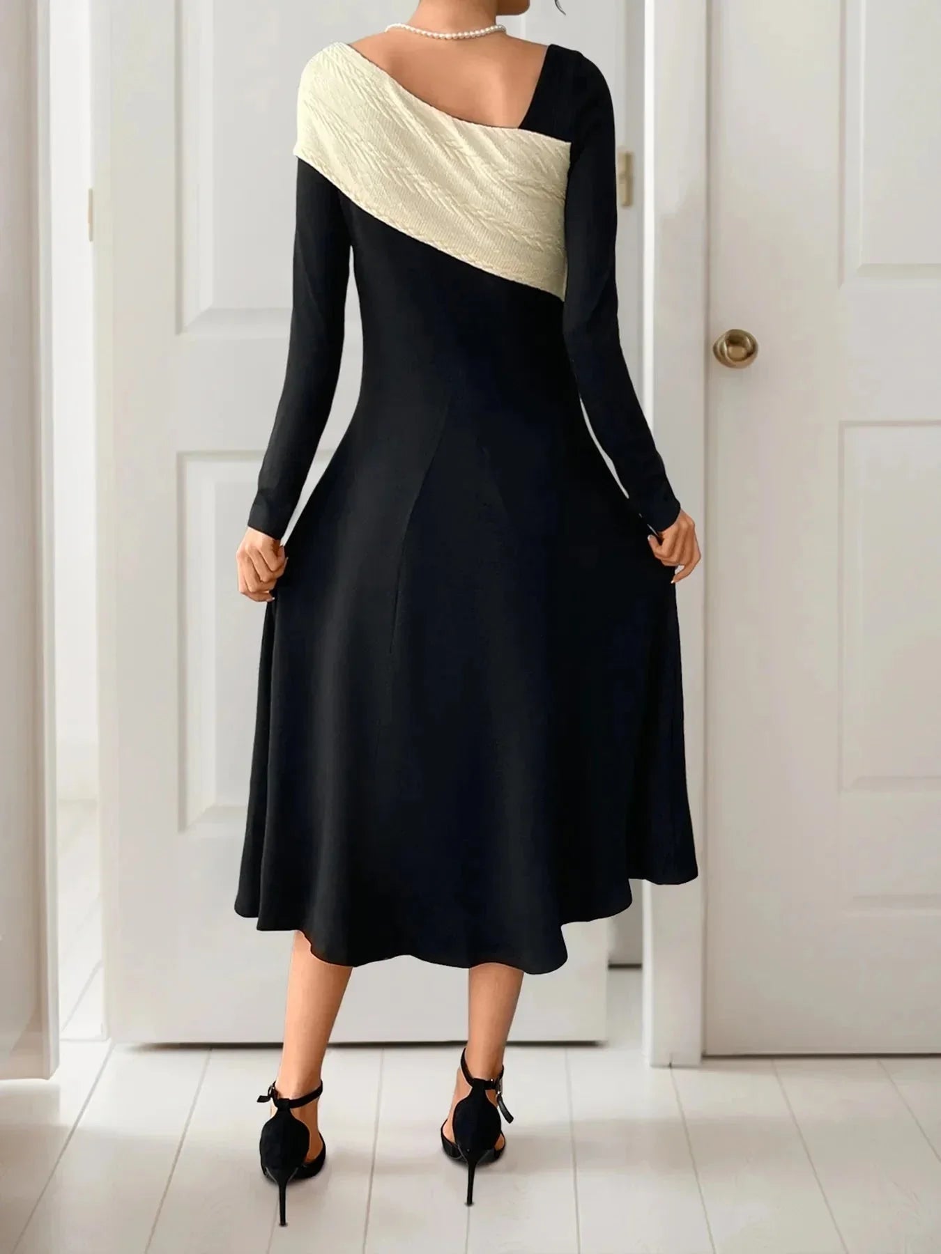 Asymmetrical Contrast Long Sleeve Dress - VILLA FASHION