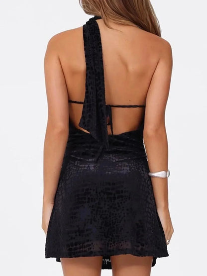 Asymmetrical Halter Neck Mini Dress - VILLA FASHION