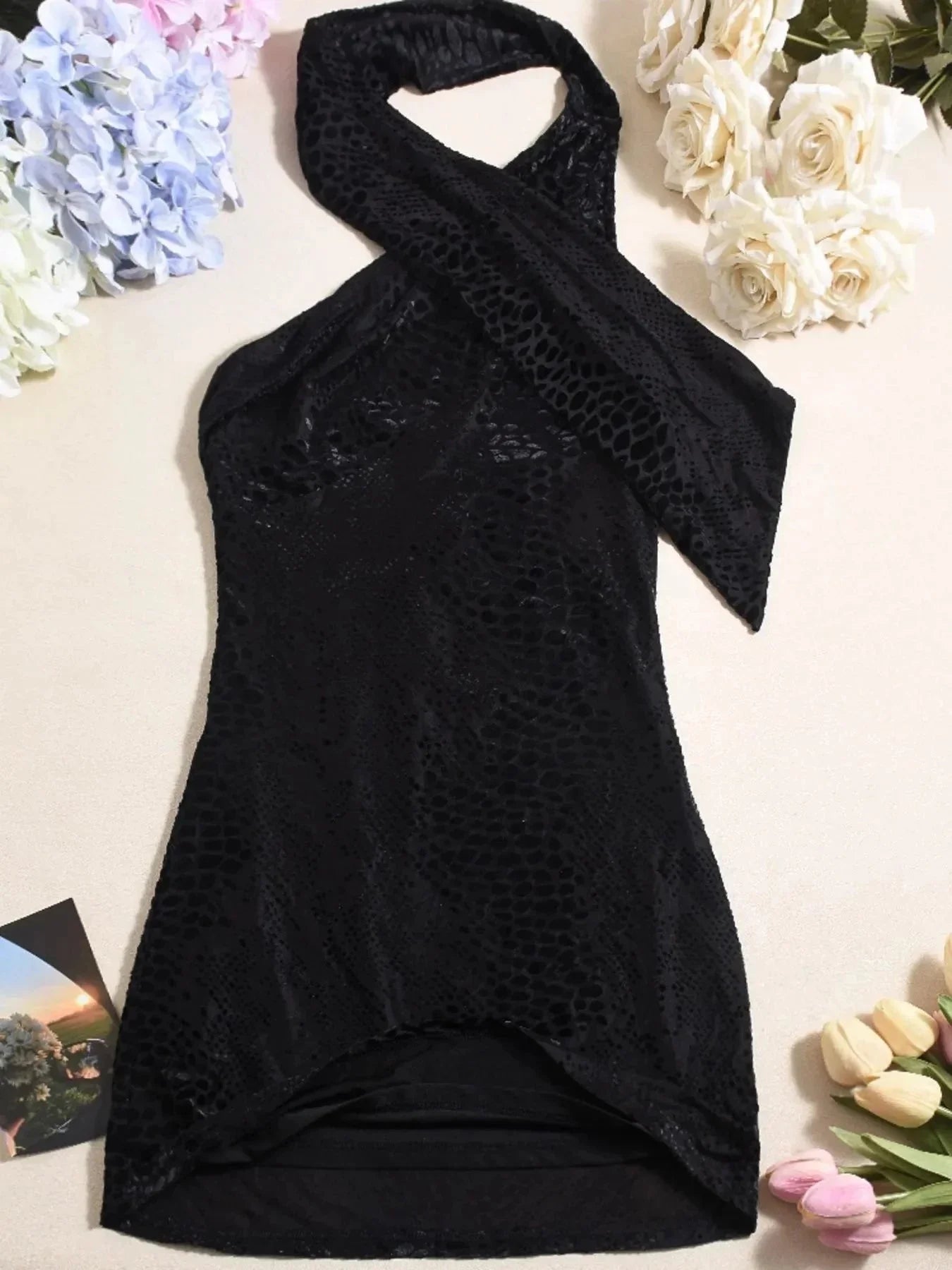 Asymmetrical Halter Neck Mini Dress - VILLA FASHION