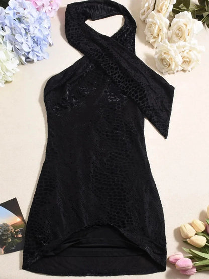 Asymmetrical Halter Neck Mini Dress - VILLA FASHION