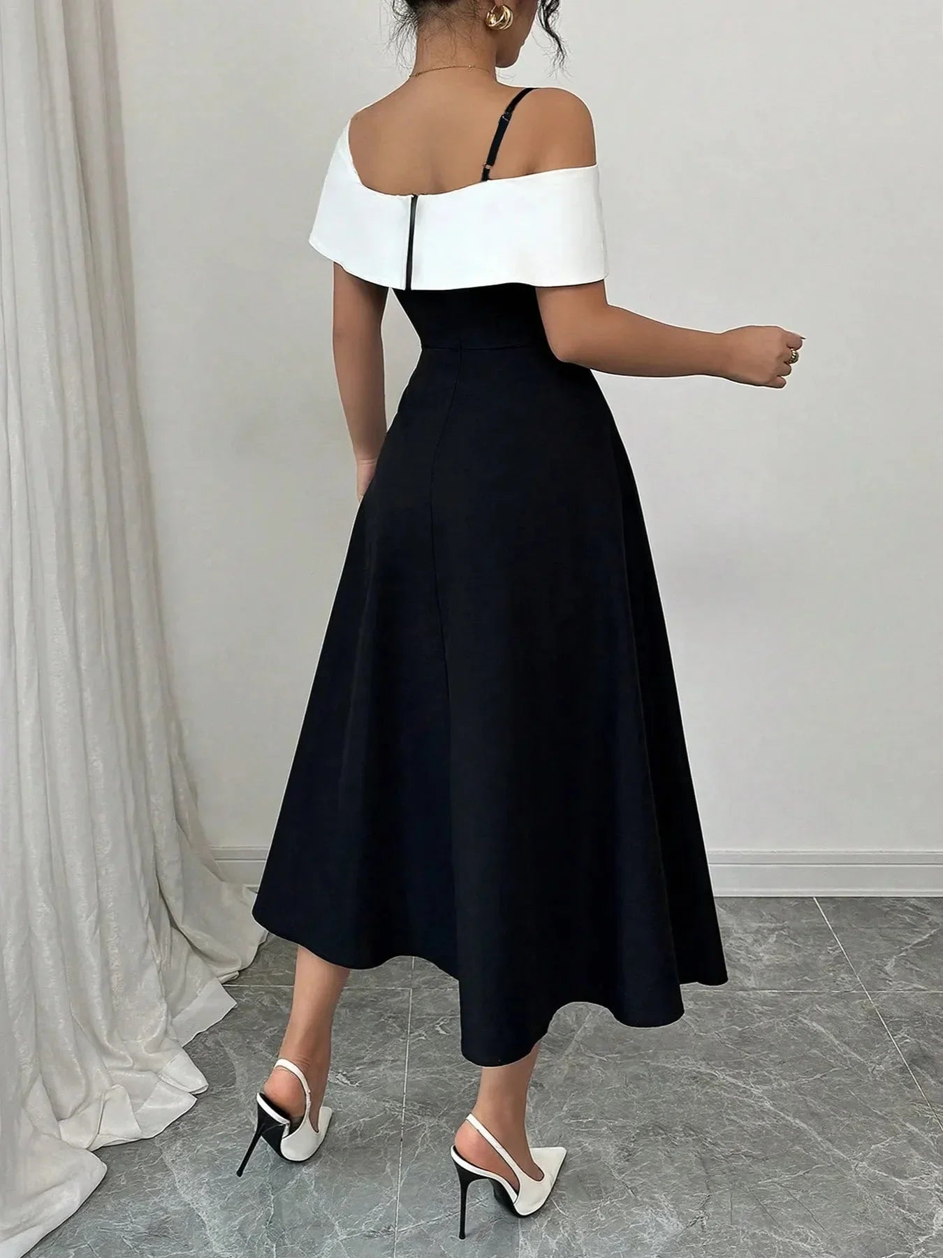 Asymmetrical Neck Contrast Midi Dress - VILLA FASHION