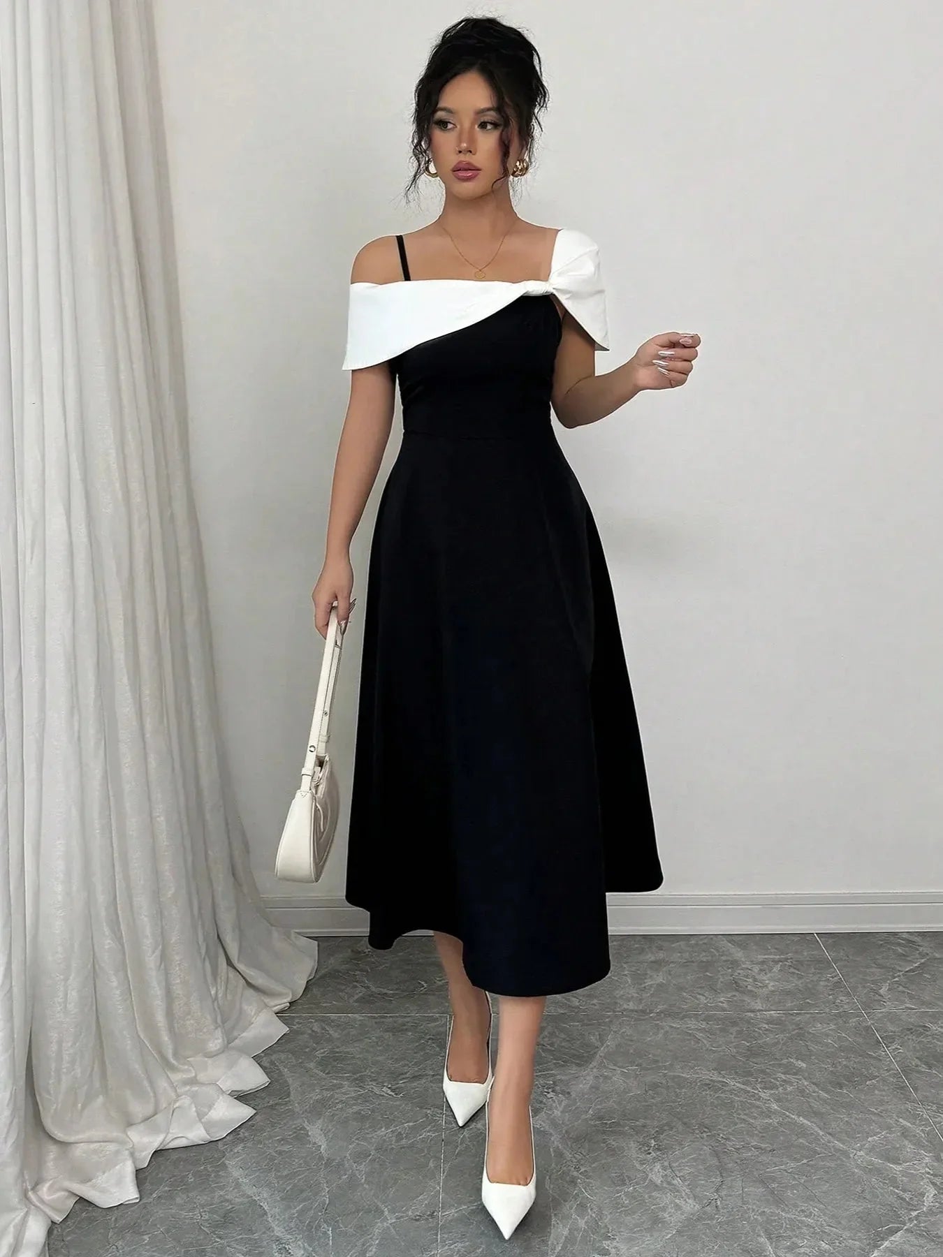 Asymmetrical Neck Contrast Midi Dress - VILLA FASHION