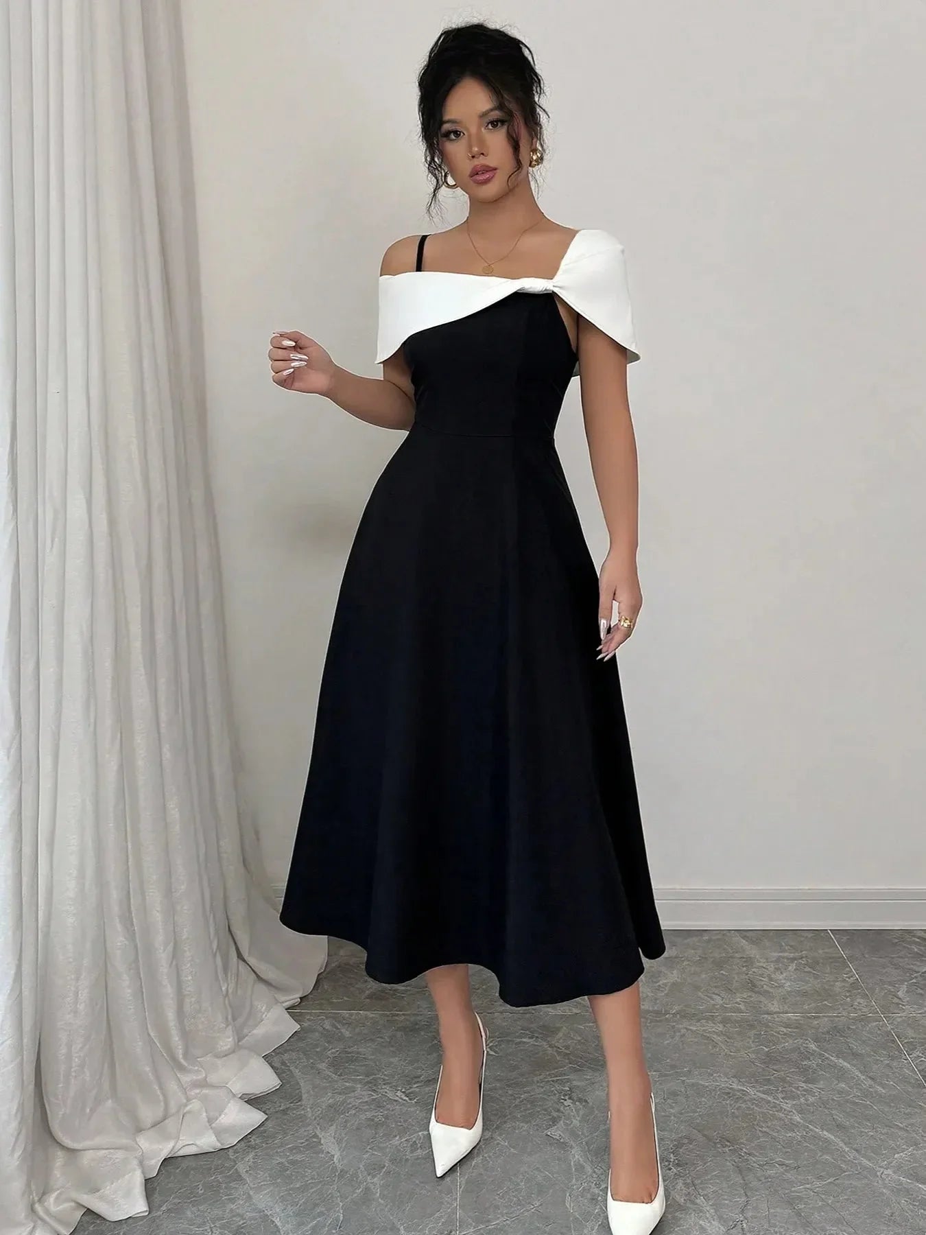 Asymmetrical Neck Contrast Midi Dress - VILLA FASHION